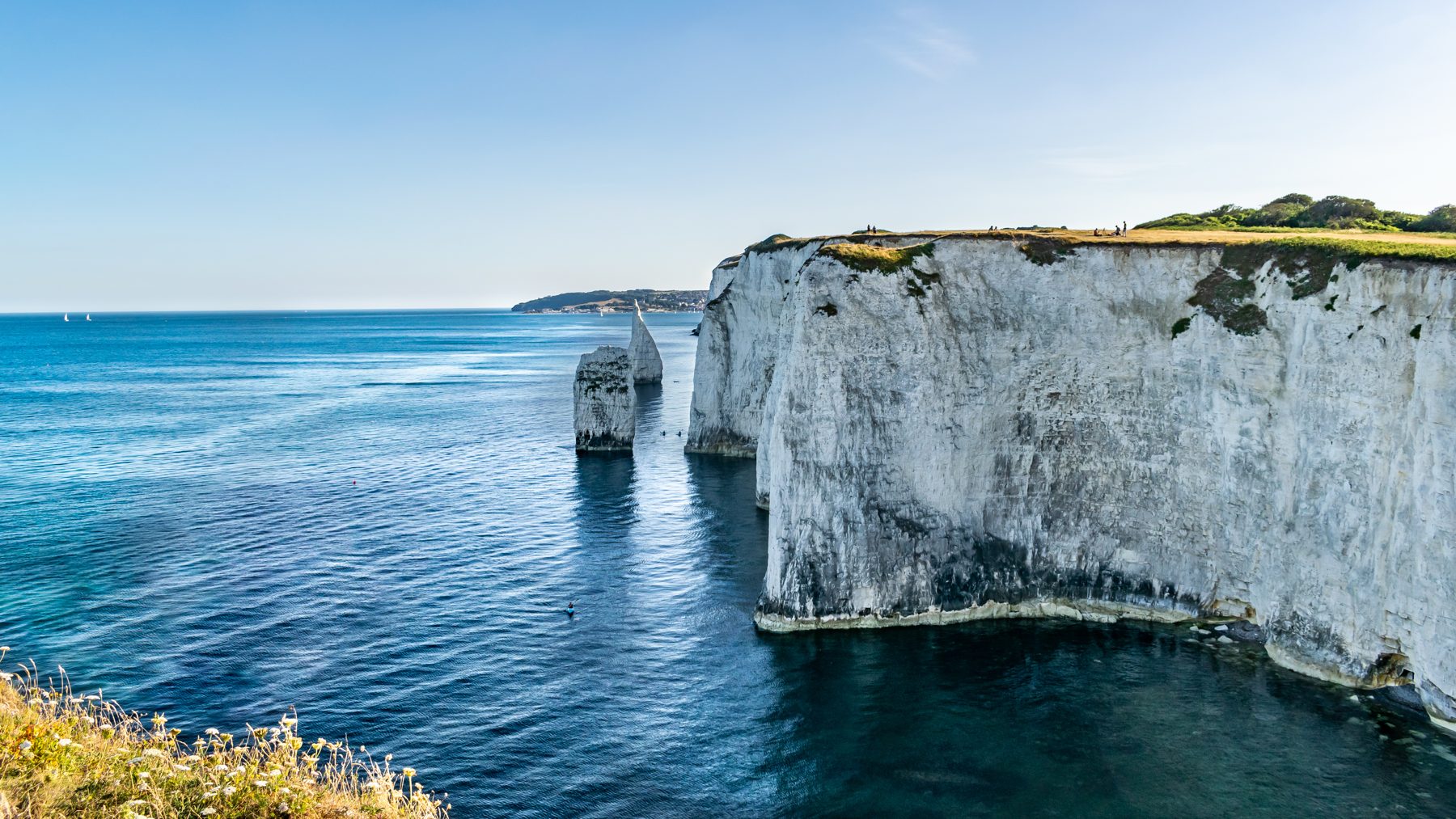 Old Harry Rocks chalk stacks off Handfast Point on the Isle of Purbeck, with clear blue sea